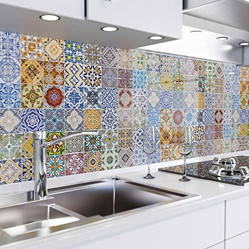 danario Küchenrückwand selbstklebend - Glasoptik - Spritzschutz Küche - versteifte PET Folie - 0,8 mm - Mosaikfliesen bunt - 60cm x 500cm