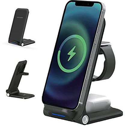 4-OK Cargador Inalambrico Pad Soporte de Carga Qi para Tres Dispositivos 3 in 1 para Smartphone Qi, iPhone Series 12 y 13. Compatible con Apple Watch o Airpods Pro. Moviles con Carga por induccion
