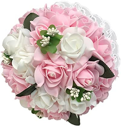 Brautstrauss Hochzeit Blumenstrauß, Hochzeit Blumenstrauß Braut Hochzeitsblumenstrauß Kunstblumen Blumensträusse künstlicher Rosenstrauß Dekoration Bouquet Deko für Hochzeit, Fotoshooting,Weiß + Rosa