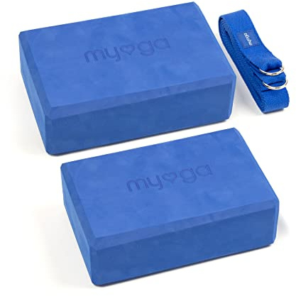 Myga Yoga Blocks & Strap Set - 2 High Density Foam Bricks and Metal D Ring Belt for Yoga, Pilates and Fitness - Support and Deepen Poses, Non-Slip and Lightweight for Home & Gym - Royal Blue