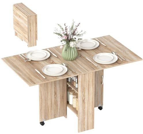 HOMCOM Mesa Plegable de Comedor con Ruedas 75x140x74 cm Natural | Mesa de Cocina Plegable, Alas Abatibles, Estantes, para 4-6 Personas