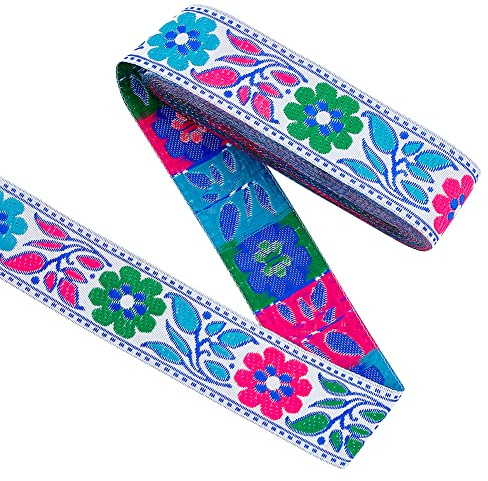 FINGERINSPIRE 7 m Buntes Blumenmuster Jacquardband 34 mm Breit Ethno Stil Stickerei Polyesterbänder Leuchtendes Rosa Blau Grün Blumenmuster Gewebtes Jacquardband Zum Nähen Basteln Dekorieren
