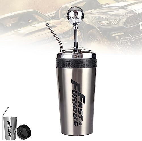 XIAOYIYI Taza Fast and Furious 10, Vaso de Acero Inoxidable de 500 ml con Pajita y Tapa, Taza de Agua Estilo Rocker Gear Shift, Reutilizable
