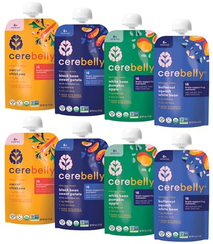 Cerebelly Organic Baby Food Pouches Variety Pack, Veggie & Bean Purees, 16 Nutrients, No Added Sugar, Fiber & Non-GMO, 4oz, 8 Pack