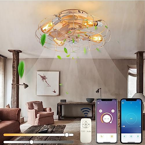 Ceiling Fan with Lights and Remote Control, E26 Dimmable Vintage Industrial Ceiling Fan with Light with APP, Antique Caged Decorative Ceiling Fan Lamp for Kitchen, Diningroom, 50CM