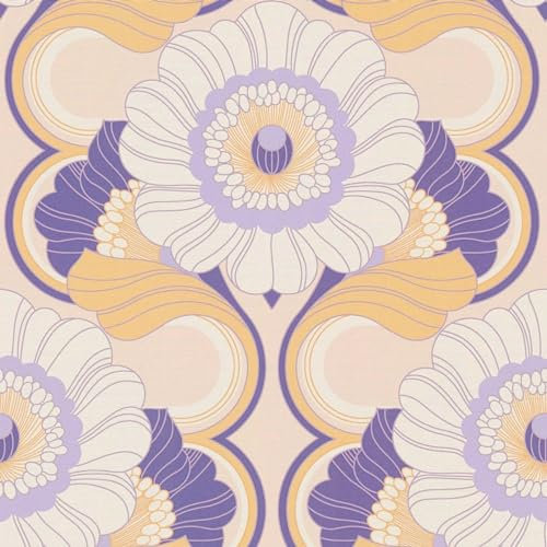 70's Retro Floral Chic Wallpaper - Purple Yellow - Flowers Textured Trendy Stylish - Paste The Wall