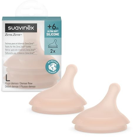 Suavinex, 2er Pack Babyflaschentrinksauger für Zero Zero Anti-Colic Babyflasche, Ersatz Sauger mit Dichtem Durchfluss (L), Ideale Öffnung für Dickflüssige Flüssigkeiten, für Babys +6M, 2U, Medium