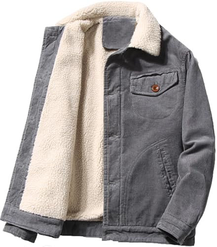Juneyou Herren Cordjacke mit Stehkragen, verdicktes Sherpa-Futter, warmer Mantel mit Taschen, grau, XL
