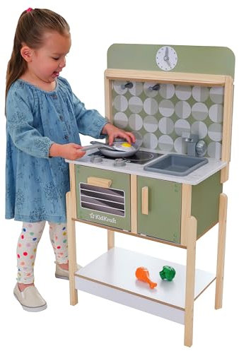 KidKraft Kinderküche aus Holz Time to Cook mit 5 Zubehörteilen, Essgruppe mit Lebensmitteln zum Spielen, Spielküche mit Pfanne und Spatel, Spielzeug ab 2 Jahre, 20513