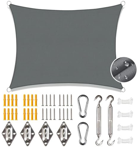 Sonnensegel 2x3m Wasserdicht Mit Ösen, Rechteck Mit Befestigung Set, Wetterbeständig Atmungsaktiv UV Schutz für Garten Terrasse Balkon (Grau-2MX3M)