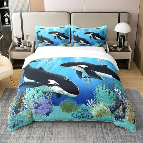 100% Baumwolle Nette Killer Wal Tröster Abdeckung Quallen Bettbezug 135x200 Seeboden Bettwäsche Set Cartoon Marine Tier Bettbezug mit 1 Kissenbezug Kinder Jungen Teens, Blaues Weiches Schlafzimmer
