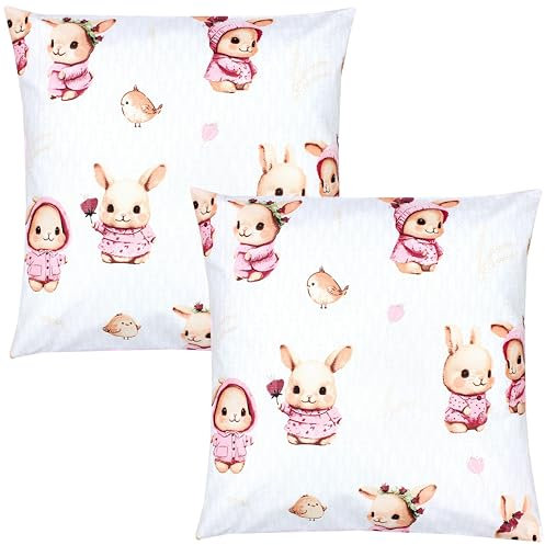 TupTam Kinder Kissenbezug Dekorativ Gemustert mit Hotelverschluss 2er Set, Farbe: Kaninchen/Rosa/Punkte, Größe: 50 x 50 cm