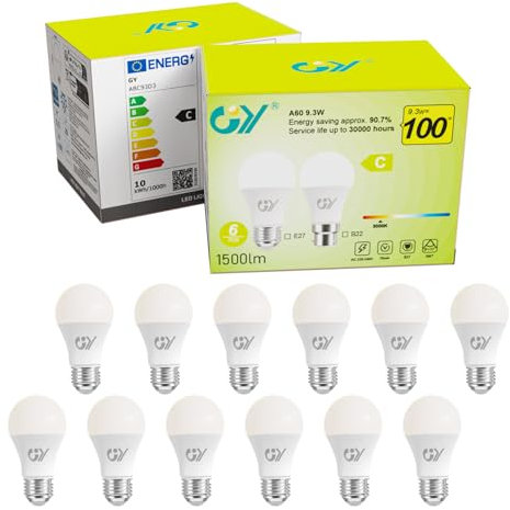 GY Glühbirne E27 LED Warmweiss 9.3W 1500 Lumen, 3000K Warmweiß LED E27, Ersetzt 100 Watt, Nicht Dimmbar, 220° Abstrahlwinkel, 12 Stück