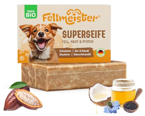 Fellmeister® Bio Hundeseife – 100% handgemachte Naturseife für Hunde – nachhaltige Fell- & Hautpflege mit Kokosöl, Sheabutter & Schwarzkümmelöl – palmölfrei & plastikfrei (1er Stück)