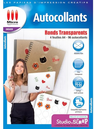 Micro Application - Papel autoadhesivo, redondo transparente, 4 hojas A4-96 pegatinas de 4 cm de diámetro, fácil de imprimir, compatible con impresoras de inyección de tinta