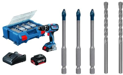 Bosch Professional System Perceuse-visseuse à percussion sans-fil GSB 18V-28 (2 batterie, avec 100 accessoires) + 5x Coffret de forets Expert HEX-9 HardCeramic (pour Tuiles, Carrelage, Ø 6 mm)