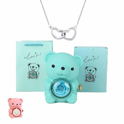 Orsacchiotto di rose conservate, regalo per donne con collana a cuore, fiori di rosa eterna, regalo per moglie, mamma, nonna, fidanzata, Natale, San Valentino, compleanno (blu, rame)