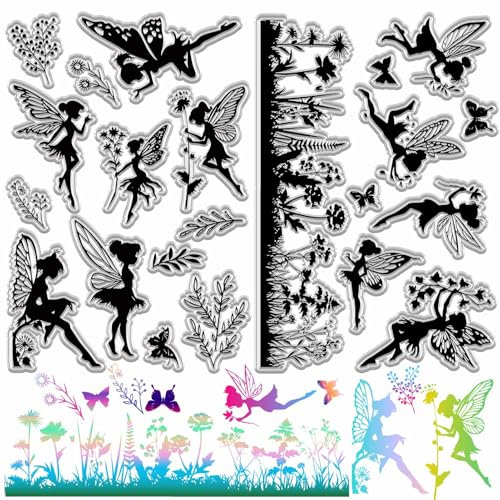 craspire 2 Stil Pflanzenfee Stempel Blumen Schmetterling Gras Silhouette Wiederverwendbare PVC Gummistempelsiegel Für Die Kartenherstellung Journaling Dekoratives Scrapbooking Zubehör Halloween DIY