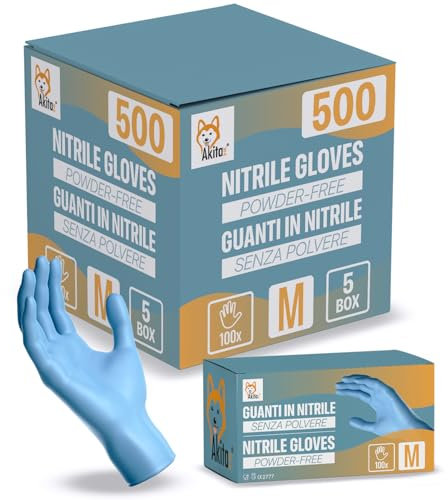 AKITAInk Guanti in Nitrile Blu senza polvere, senza lattice - Ipoallergenici, Resistenti, Ideali per Ambiti Medici e Alimentari per Estetisti, Tatuatori, Ambiti Medici, guanti per alimenti (500, M)