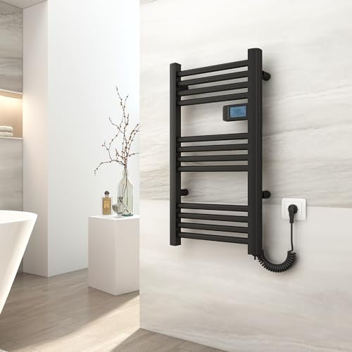 EMKE Handtuchheizkörper Elektrisch 750 x 400 mm Elektrischer Badheizkörper mit Touchschalter Timer, Handtuchtrokner Handtuchwärmer Elektrisch Handtuchheizung Schwarz Matt 180W