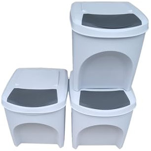 Stolmet Large Stackable Recycling Bins Set of 3x25L (Brand KrysGo) - Customizable Lids with Recycling Stickers - Waste Sorting for Home, Kitchen, Office (White + Grey)