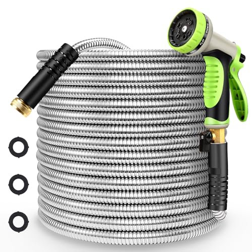 Metal Garden Hose 50FT Stainless Steel Heavy Duty Flexible Lightweight Water Hoses Pipe with 10-Function Spray Nozzle and 3/4 Solid Brass Fittings No Kink Durable for Outdoor Yard & Lawn