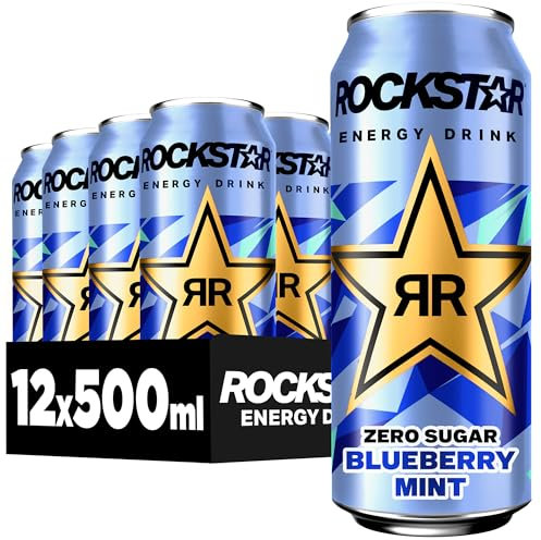 Rockstar Energy Drink Blueberry Mint Geschmack - Zero Sugar -Koffeinhaltiges Erfrischungsgetränk ohne Zucker für den Energie Kick, EINWEG (12 x 500ml) (Verpackungsdesign kann abweichen)