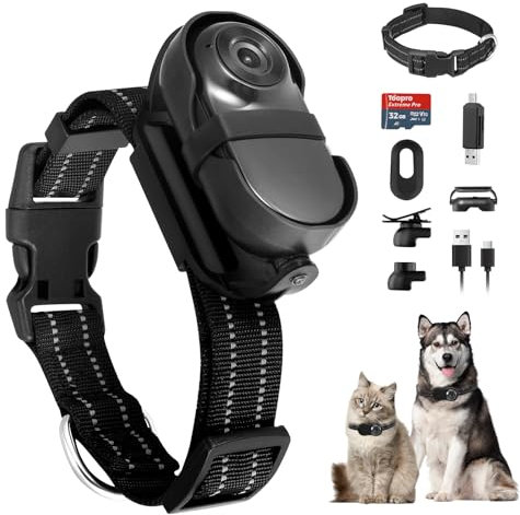 1080P HD Cat Collar Camera, Cordless Dog Collar Camera with 360° Rotating Bracket, 170° Wide Angle & 32GB SD Card, Mini Sport Action Camera for Video Records and Photos Pet Camera for Cats Dogs Gifts