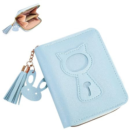 FloraMolly Portefeuille Ado Fille, Mignon Chat Bleu, Petit Portefeuille en Simili Cuir Souple avec Franges, zippées avec Poche Monnaie