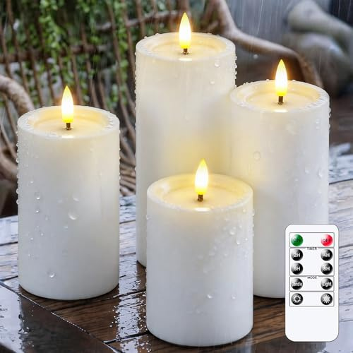 Wroxipel Waterproof Flickering Auto Daily Timer White Plastic Flameless LED Candles with Wax Oil, 7.5cm x10 12.5 15 17.5cm Long Lasting Battery Operated Remote Control Pillar (Pack of 4)