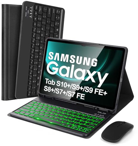 SOPPY Backlit Keyboard Case with Mouse for Samsung Galaxy Tab S10+/S9 FE+/S9+/S8+/S7+/S7 FE 12.4, UK Layout, Slim Cover with Detachable Keyboard and Wireless Mouse for Samsung Tab 12.4 Inch,Black