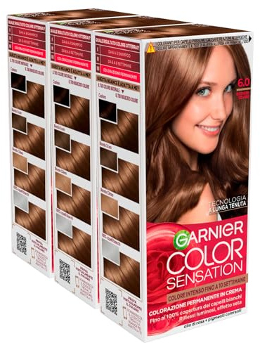 Garnier Color Sensation Colorazione Permanente in Crema Lunga Durata con Olio di Rosa Copre il 100% dei Capelli Bianchi Colore 6.0 Biondo Scuro - 3 Tinte