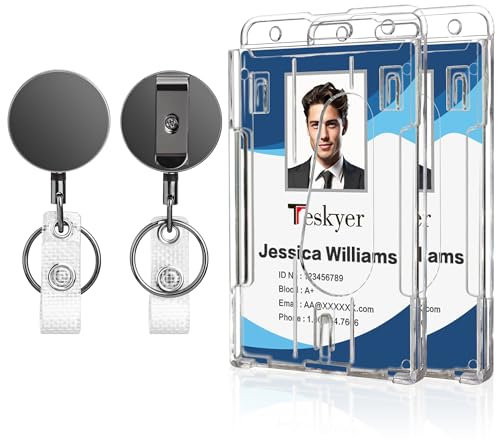 Teskyer 2 Pièces Porte Badge Enrouleur - Rétractable, Rigide, Transparent, Cordon en Nylon Renforcé, Vertical