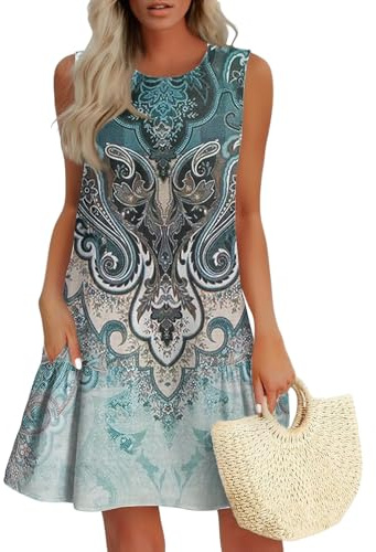 Damen Sommerkleid Ärmellos Elegant mit Rundhals & Swing-Stil - Knielanges Baumwollkleid Einfarbig für Strand, Freizeit und Alltag