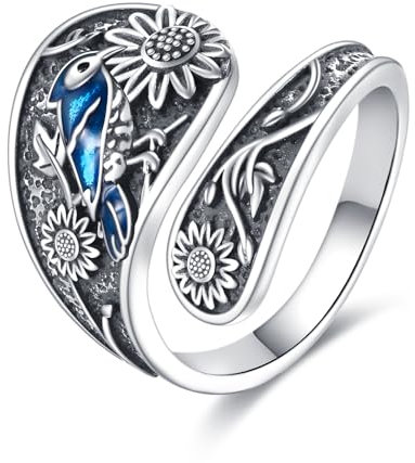 YFN Blue Jay Sunflower Ring 925 Sterling Silver Vintage Spoon Ring Jewellery Gift for Men Women