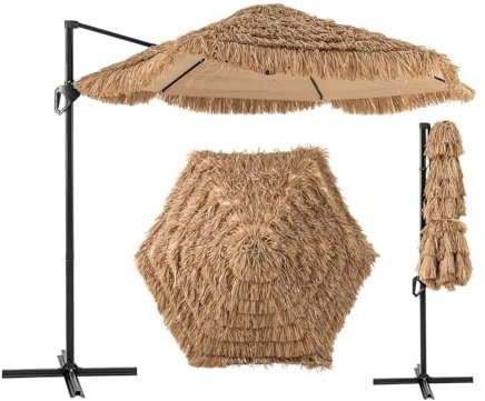 COSTWAY 2.7m Cantilever Tiki Parasol, Hawaiian Style Patio Beach Umbrella with Vented Top, Heavy-Duty Outdoor Hula Thatched Umbrella for Garden Poolside Courtyard
