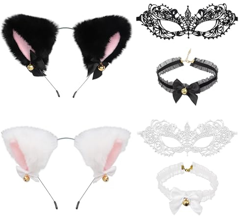 YiiHHooN Serre-Tête Oreilles de Chat, 6 Pièces Bandeau Oreilles de Chat avec Clochette et Nœud, Serre-Tête en Peluche Serre Tete Chat Collier Masque de Mascarade pour Halloween Carnaval Fête