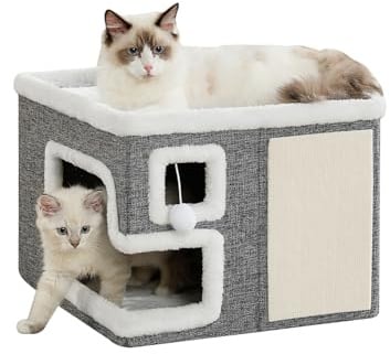 Crispedia Cat Houses for Indoor Cats, Covered Cave Bed with Scratch Pad and Fluffy Ball, Foldable Cat Hideaway Condo for Large Cats, Modern Kitten Bed,16.5x16.5x13 inches (Grey, Large)
