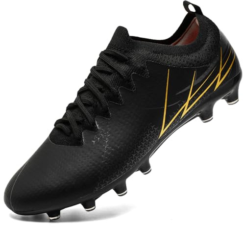 VLOOKST Men's Football Boots Astro Turf Trainers Football Shoes Spikes Outdoor Athletic Sneakers Cleats Soccer Shoes for Teenager Black Gold 9UK