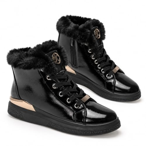 GLAMORA Bottines d’Hiver Femme Fourrées, Bottes Chaudes à Col en Fourrure, Baskets Montantes Vernies, Chaussures Antidérapantes Hydrofuges, Zip Latéral, Lacets, Semelle Plate