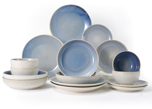 Jiwoo Geschirrset 16 tlg Tafelservice für 4 Personen aus Bone China | Mit Tellern, Suppentellern & Schüsseln – handgefertigte Reaktivglasur, stapelbar, spülmaschinen- & mikrowellengeeignet