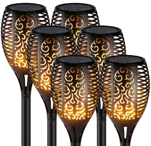 Solarleuchten für Außen Garten 6 Stück, LED Gartenbeleuchtung Solar Außen Solar Fackel Gartenfackeln mit Flammeneffekt, IP65 Wasserdicht Solarlampen für Außen, Hinterhöfe, Gärten, Rasen Beleuchtung