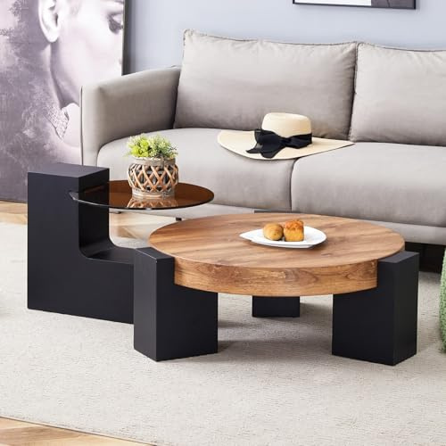 EURHCIO Tables Basses Ronde Set de 2,Petit Table D'appoint 44lx44h cm avec Pieds en L et Table Basse Ronde Bois 61x61x30cm,pour Bout de Canape,Bureau,Salon(D-Noir)