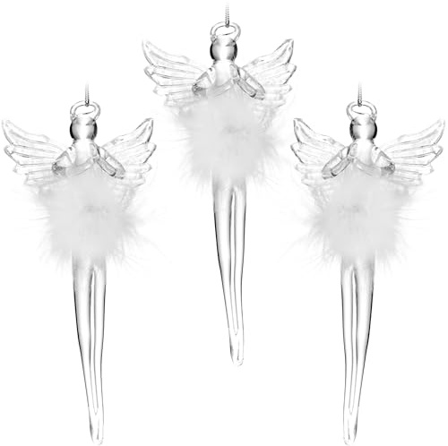 BRUBAKER Set of 3 Angel Christmas Tree Decorations Made of Glass - Guardian Angel Christmas Tree Pendant Transparent with Feather Dress - Christmas Pendant Tree Decoration - Glass Angel Christmas