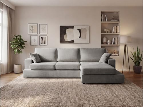 GRAINGOLD Nesto Ecksofa 260x165 cm, L-Form Sofa, Ecksofa für Wohnzimmer, Chenille-Stoff, 3-Sitzer Eckcouch, Modernes Design (Grau, Rechts)