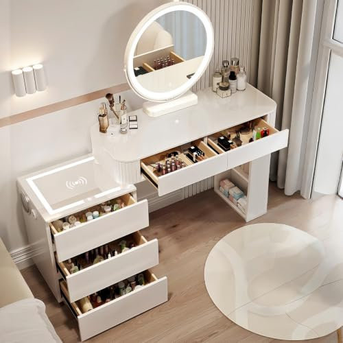 MJKCBD Schminktisch mit 360° Drehbarer Spiegel, Modern Frisiertisch mit 5 Schubladenb & 2 offenen Ablagen, Weiß Kosmetiktisch mit Flexibler Seitenschrank, 100cm