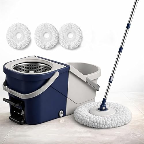 Meown Spin Mop Bucket with Wringer Set, Dual Chamber, Foot Pedal, Blue | Keep clean and dirty water separate while the foot pedal wringer makes mopping easier, with less bending and hands-on effort
