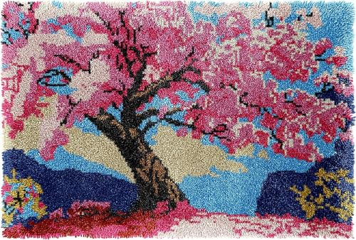 Latch Hook Rug Kit for Adults Beginners,Blooming Cherry Tree,DIY Doormat Making Craft Set with Printed Mesh Canvas & Wool Yarn,Tapestry Cushion Knitting Pattern,Home Decor Gift for Women-60x90cm