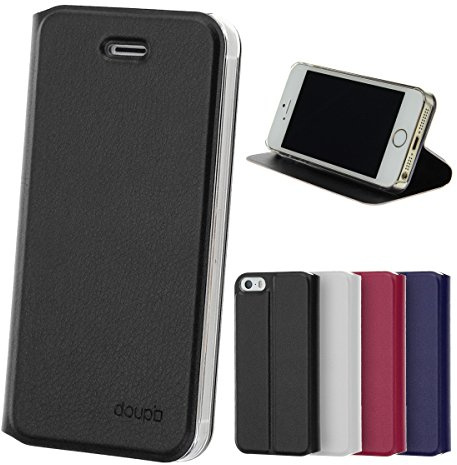 doupi Flip Case für iPhone SE / 5S / 5, Deluxe Schutz Hülle mit Magnetischem Verschluss Cover Klappbar Book Style Handyhülle Aufstellbar Ständer, schwarz
