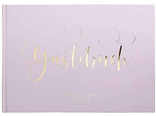DeinWeddingshop Deluxe Hochzeitsgästebuch | Gästebuch zur Hochzeit personalisiert | Veredelung in Gold, Rosé-Gold, Silber oder Kupfer | A4 quer | Pastellrosa, Inhalt mit Fragen